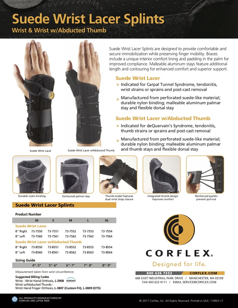 Corflex 8" Suede Wrist Lacer Splint w/Abducted Thumb